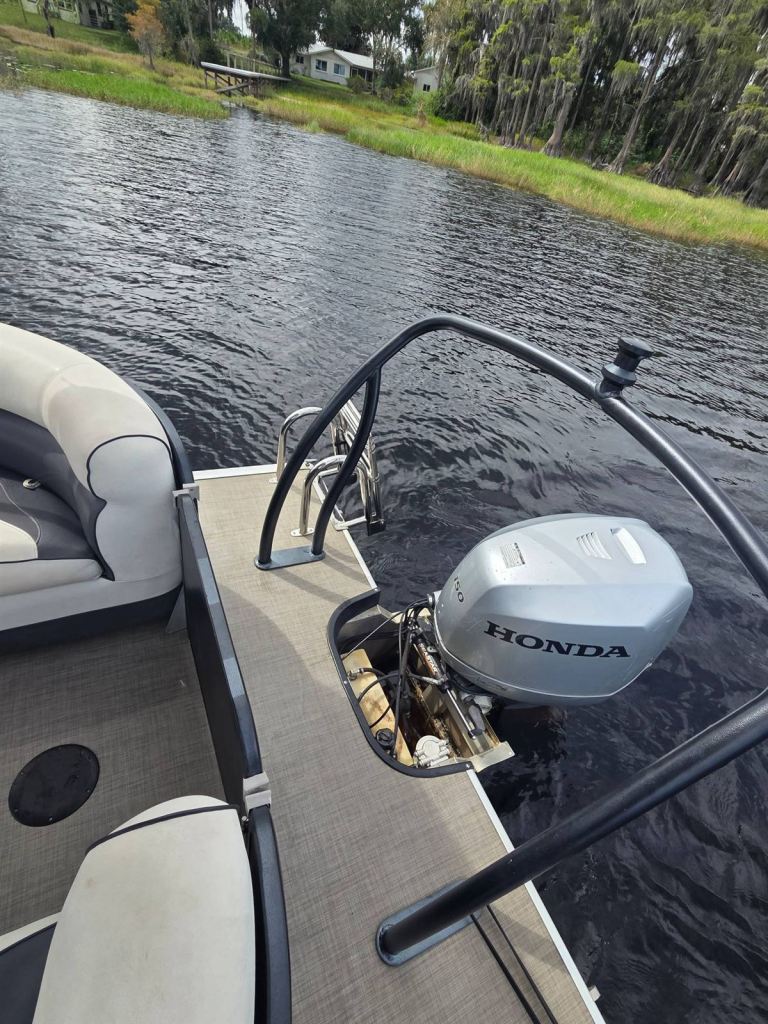 Name That Toon's 150 hp Honda outboard and swim ladder at the stern